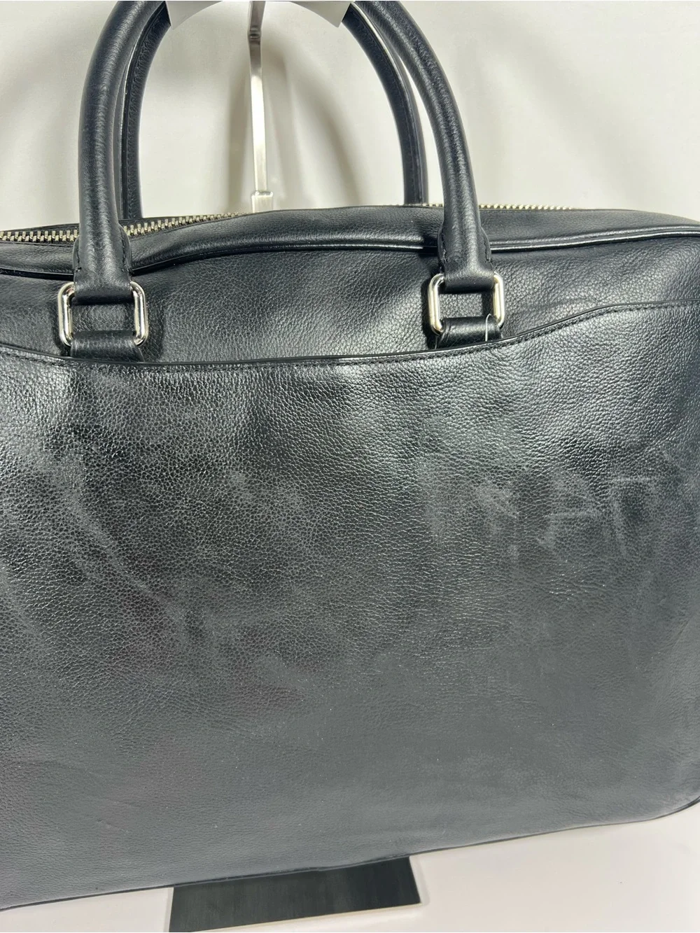 4099: NWT Coach Beckett Slim Brief Black Leather Laptop Bag Scratched Side
